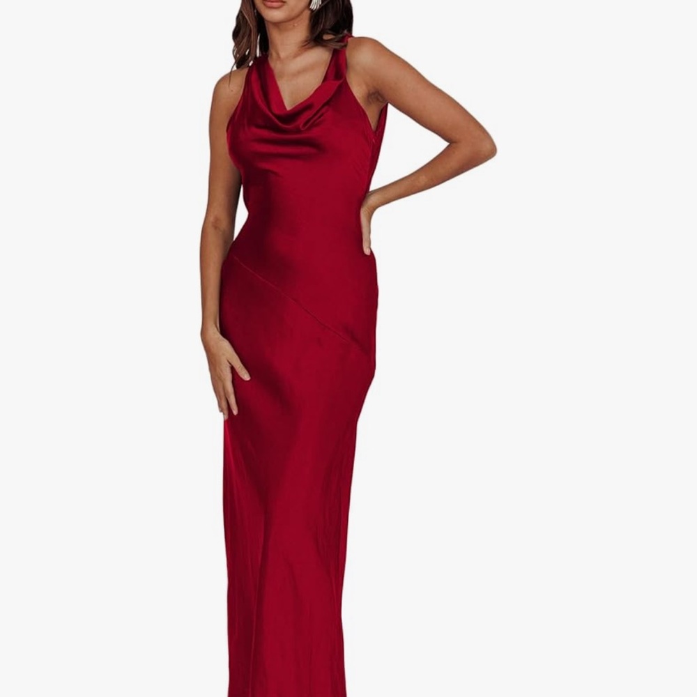 Red Ruched Maxi Dress with Cowl Neck